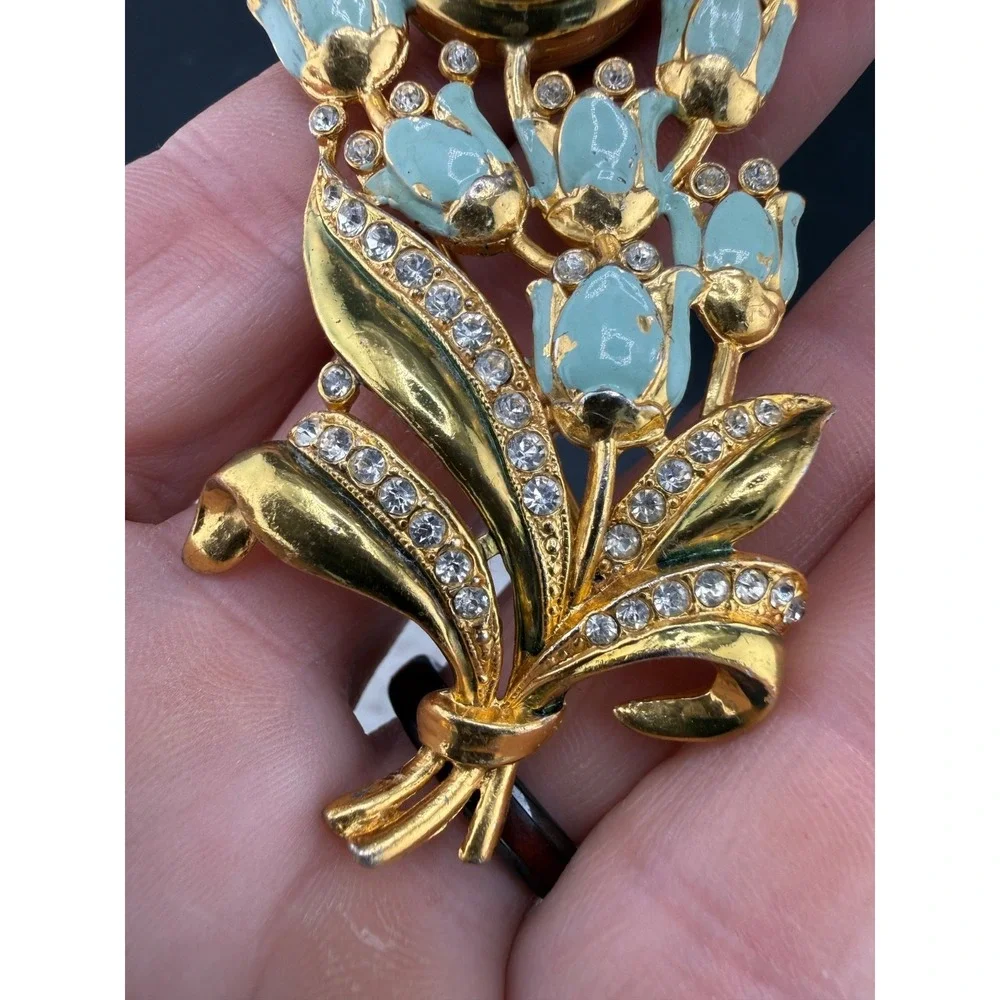 Vintage‎ Welsbro Watch Brooch Tulips Pot Metal Rhinestone NICE Untested